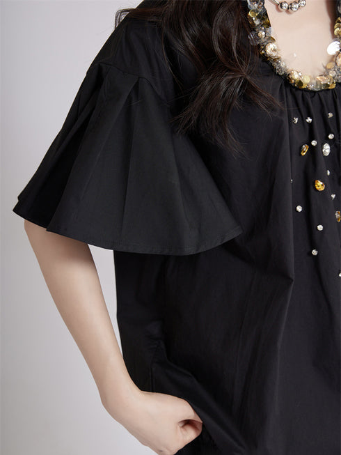 Beaded Collar Flare Blouse