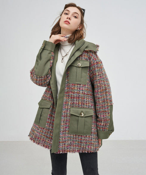 Hooded Tweed Panel Coat