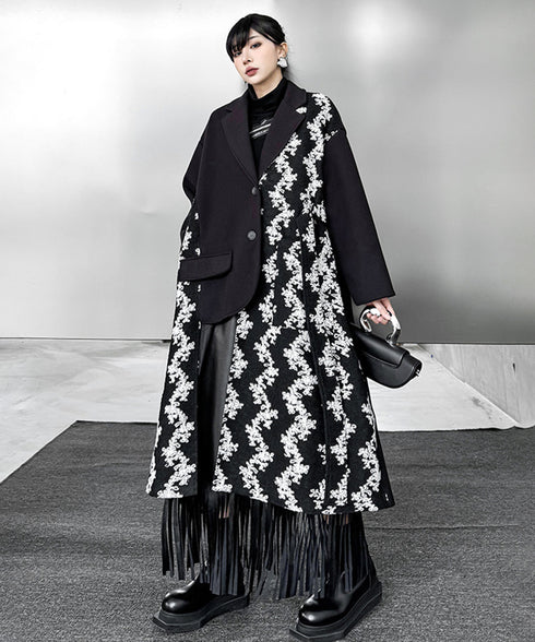 Patch Jacquard Fringe Coat