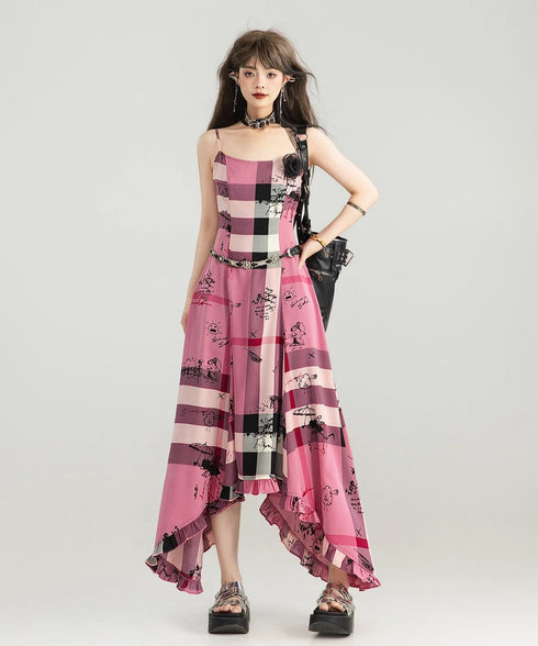 Graffiti Plaid Frill Dress