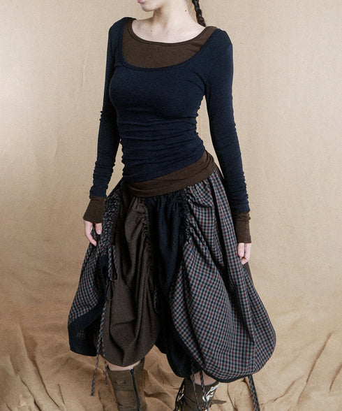 Gathered Patchwork Flare Skirt