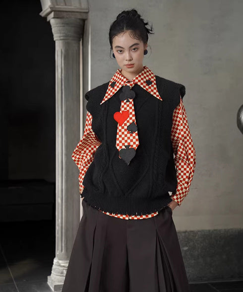 Checker Emblem Collar Blouse