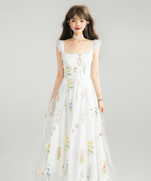 Floral Lace-Up Midi Dress