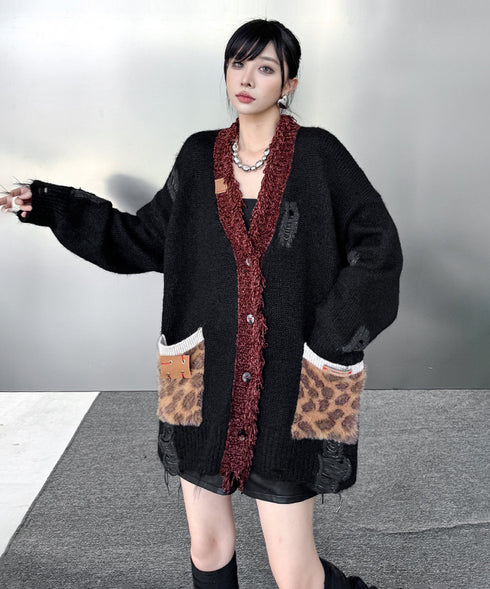 Fringe Patchwork Knit Cardigan