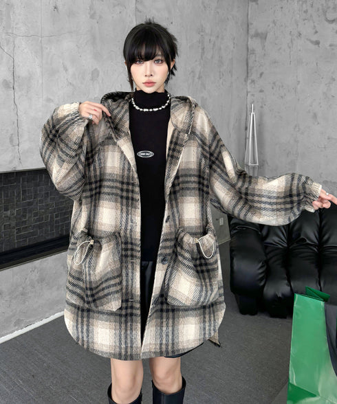 Oversized Plaid Hooded Coat