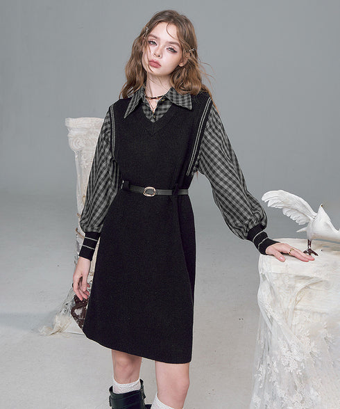 Check Layer Knit Dress