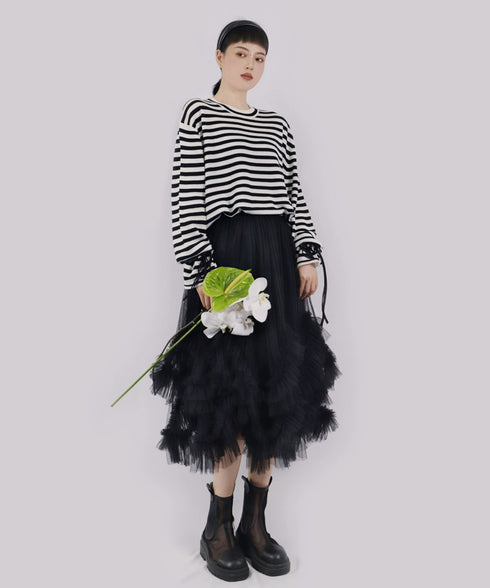 Ribbon Cuff Stripe Top