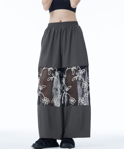 Sheer Floral Mesh Wide Pants