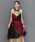 Tri-Color Pleated Halter Dress