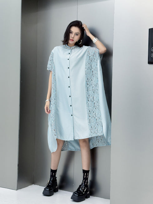 Lace Panel Relaxed Shirt Dress