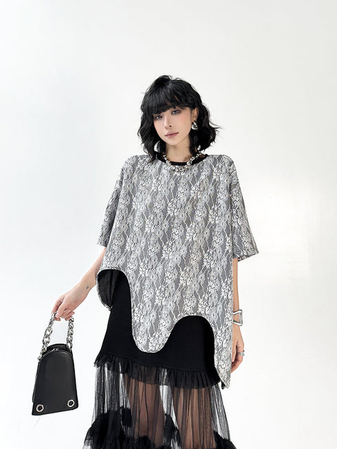 Wave Hem Lace Mesh Top