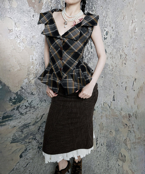 Plaid Edge Frill Blouse