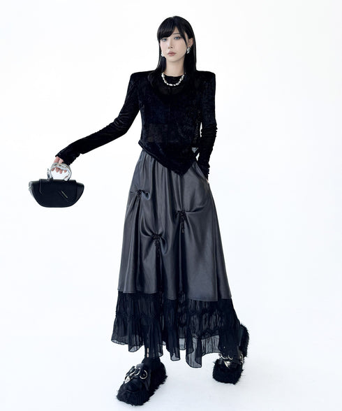 Glossy Gather Lace Hem Maxi Skirt