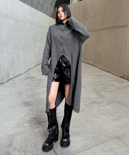 Asym Button Long Knit Top