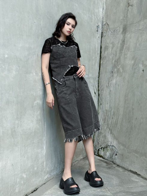 Raw Fringe Wide Denim Shorts