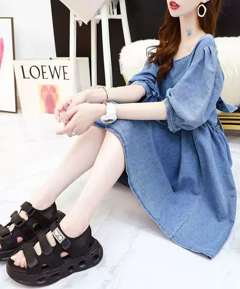 Ribbon Back Volume Denim Dress