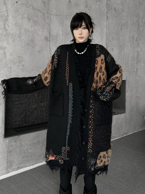 Frayed Leopard Patch Knit Cardigan