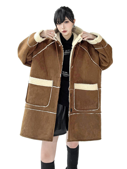 Hooded Faux Shearling Patch Coat