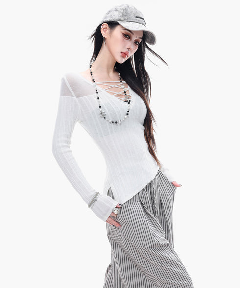 Sheer LaceUp Rib Top