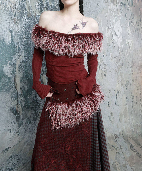 Feather Trim Offshoulder Knit Top