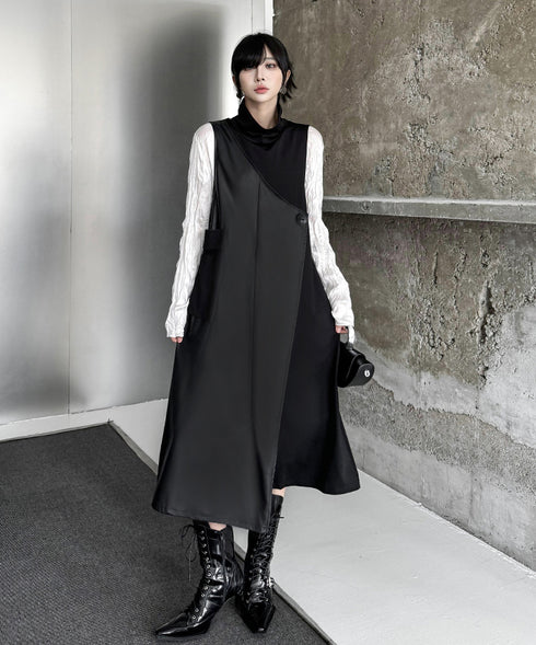 Mock Neck Overlay Pocket Dress