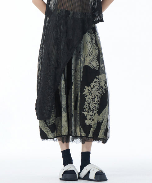 Lace Pattern Mesh Layered Skirt