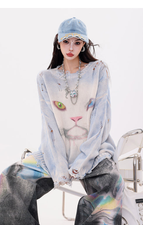 Iridescent Print Denim Wide Pants