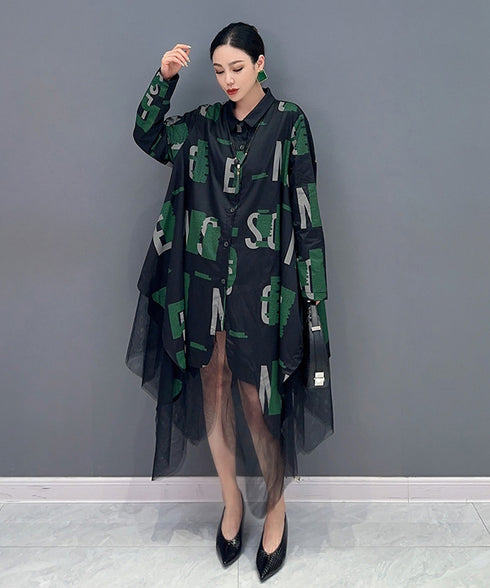Abstract Letter Sheer Shirt Dress
