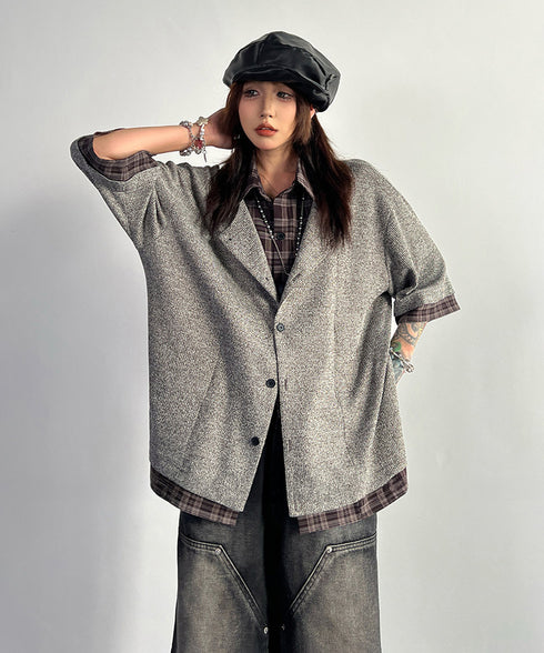 Grid Lapel Blouse