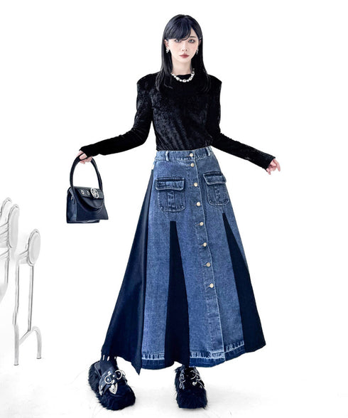 Contrast Panel Denim Flare Skirt