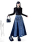 Contrast Panel Denim Flare Skirt