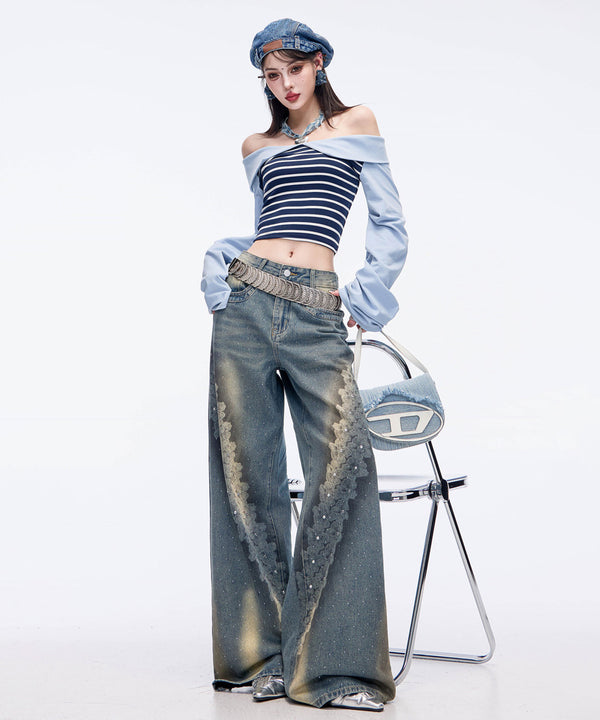 Crystal Dust Washed Wide Denim Pants