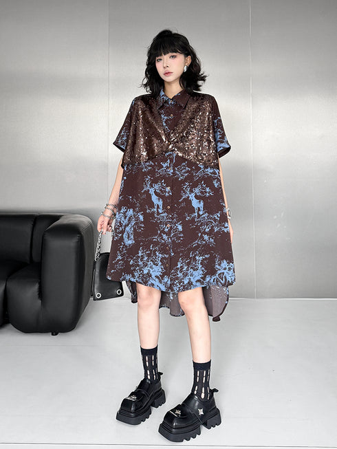 Sequin Deer Print Shirt Dress