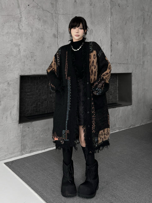 Frayed Leopard Patch Knit Cardigan
