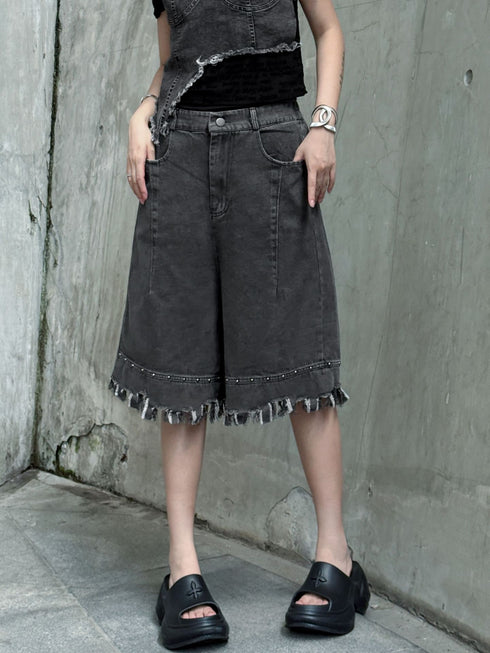 Raw Fringe Wide Denim Shorts