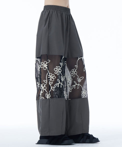 Sheer Floral Mesh Wide Pants