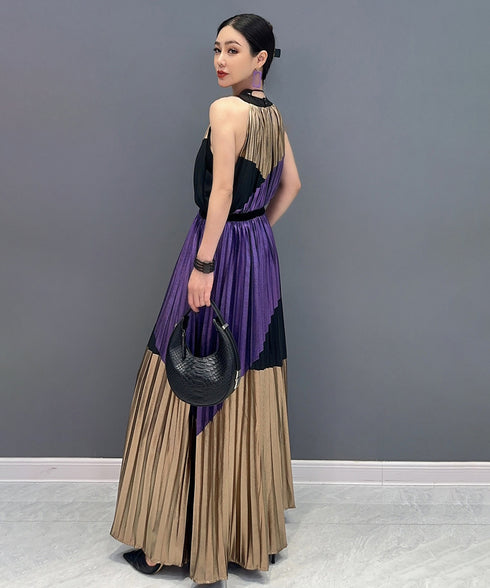 Tri-Color Pleated Halter Dress