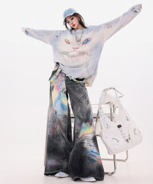 Iridescent Print Denim Wide Pants