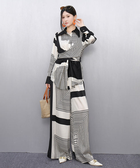 Graphic Stripe Wrap Top&Wide Pants Co-ord