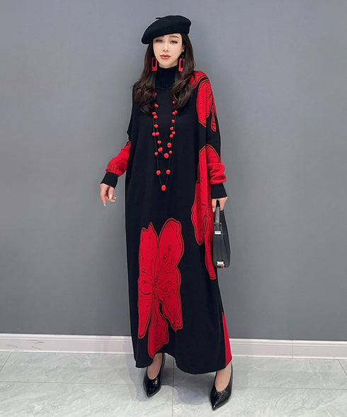 Floral Motif Knit Long Dress