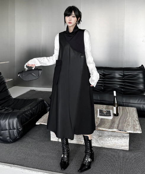 Mock Neck Overlay Pocket Dress