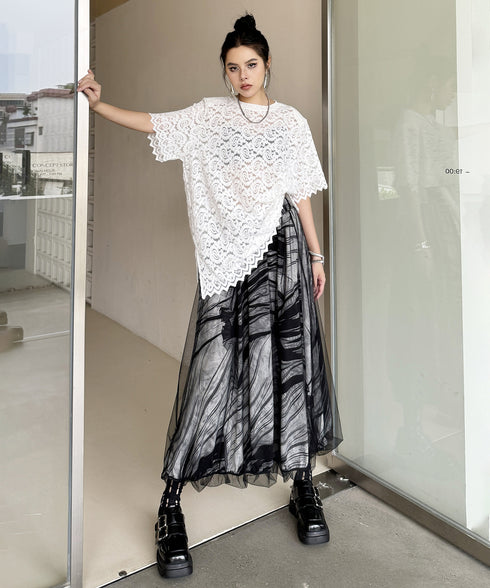 Abstract Mesh Flare Skirt