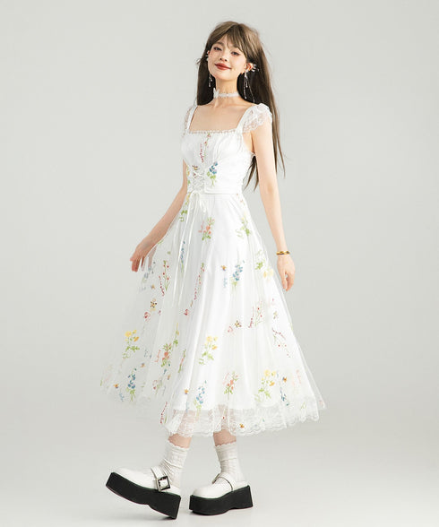 Floral Lace-Up Midi Dress