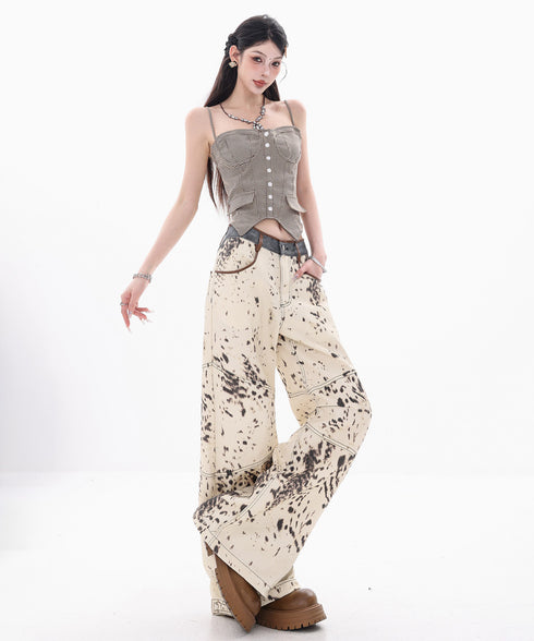 Speckled Panel Wide Denim Pants