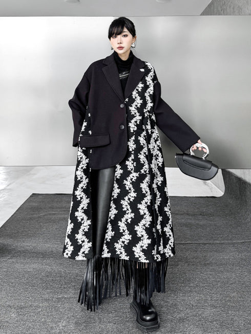 Patch Jacquard Fringe Coat