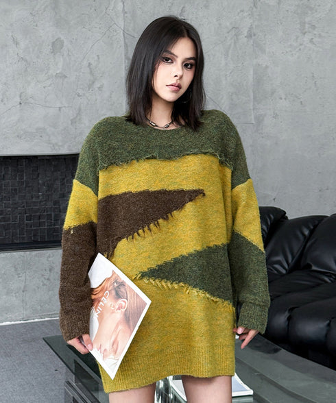 Frayed Contrast Knit Top