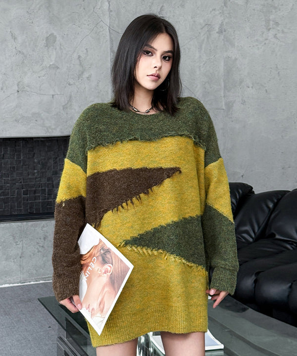 Frayed Contrast Knit Top