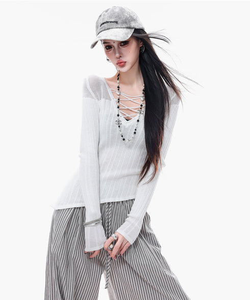 Sheer LaceUp Rib Top
