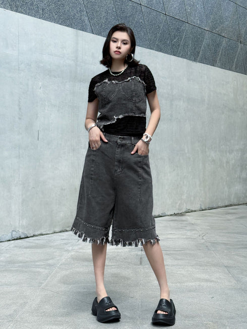 Raw Fringe Wide Denim Shorts