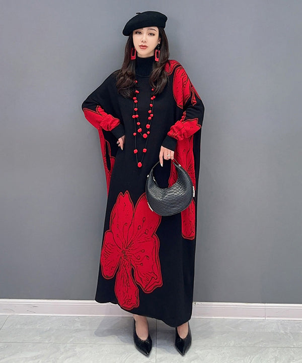 Floral Motif Knit Long Dress